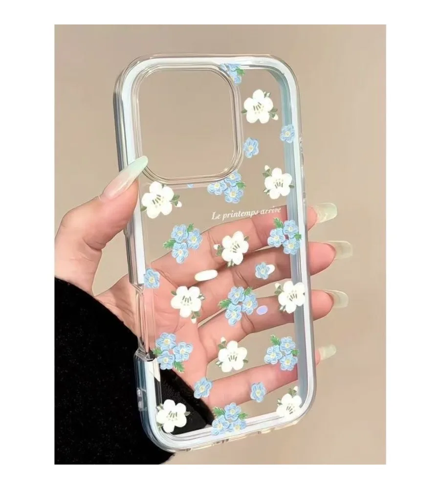 Blue White Tiny Floral French Letter Clear Phone Case For iPhone 13 14 15 16 17 Pro Max Slim Shockproof Protective Cover