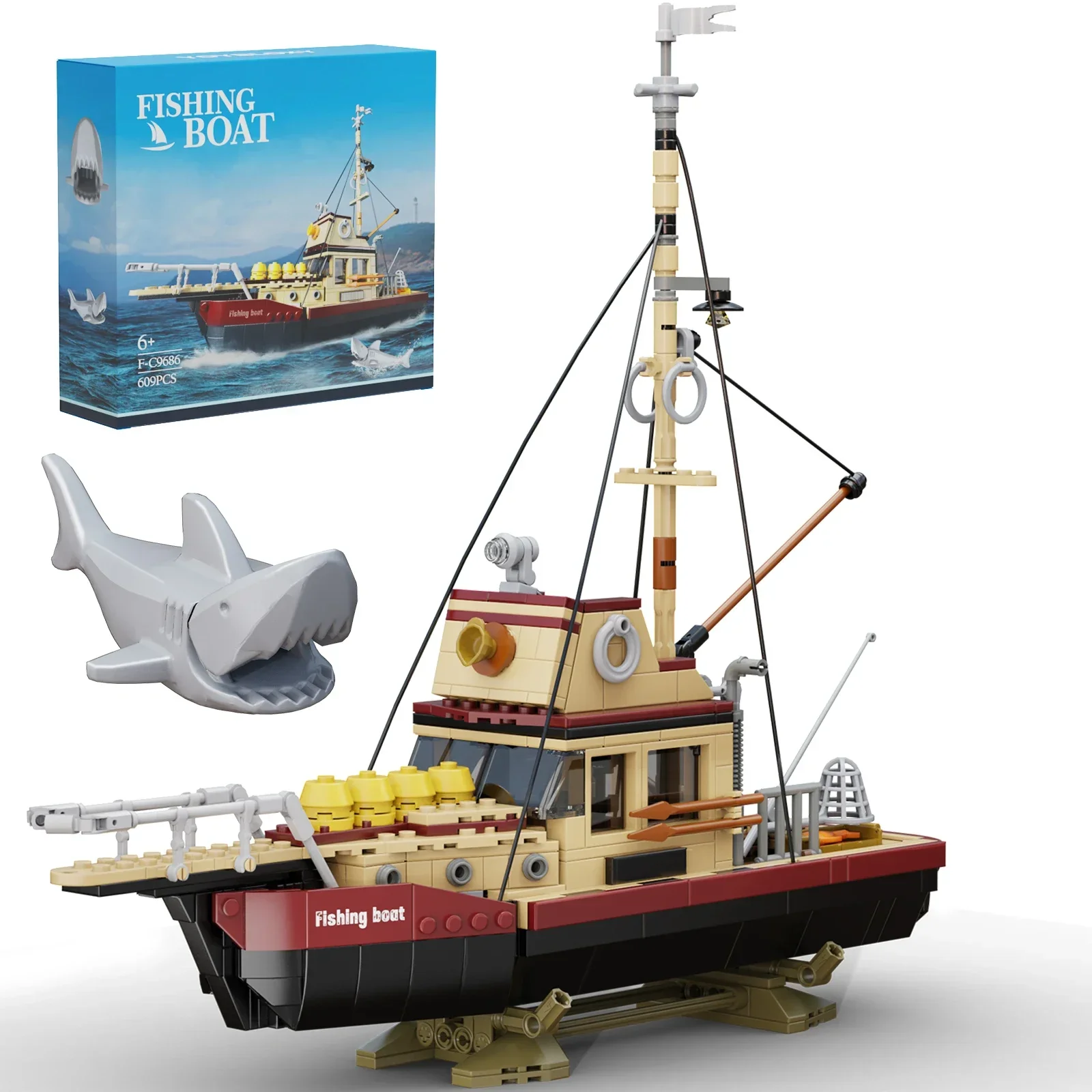 MOC City Fishing Boat Model Pirate Ship Trawlboat White Shark Sea Fisher Building Blocks Set DIY Kids Puzzle Toys Birthday Gift