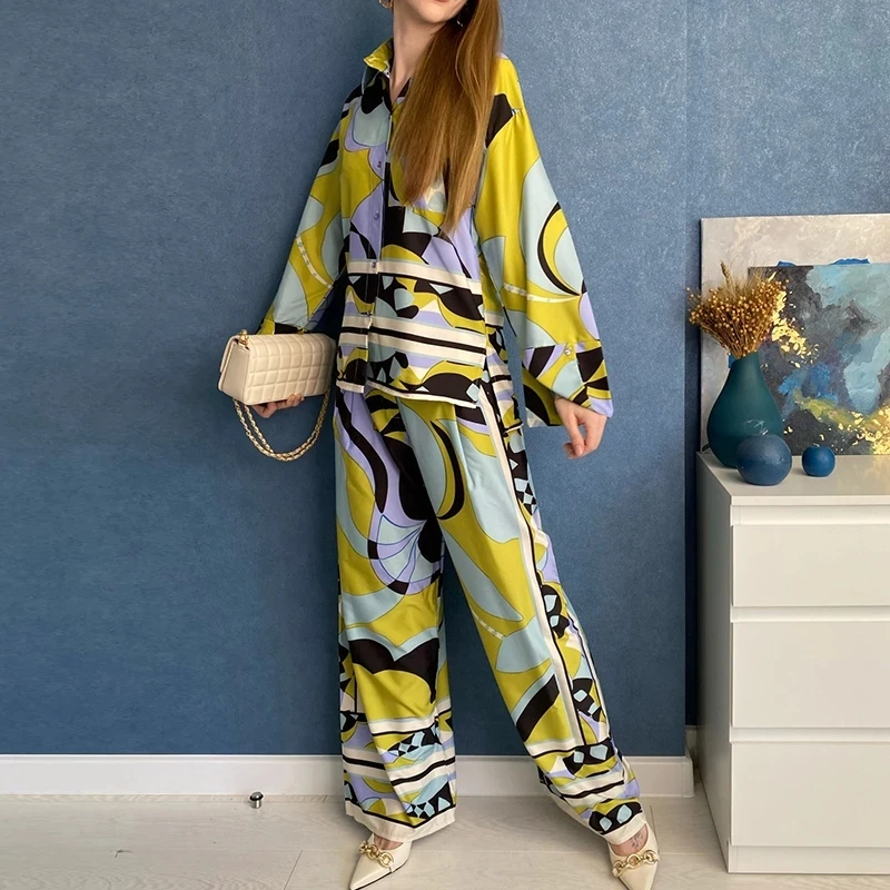 European And American Fashion Women Pajamas Set Loose And Thin Lapel Printed Long-sleeved Wide-leg Pants 2-piece Set Pijama Suit