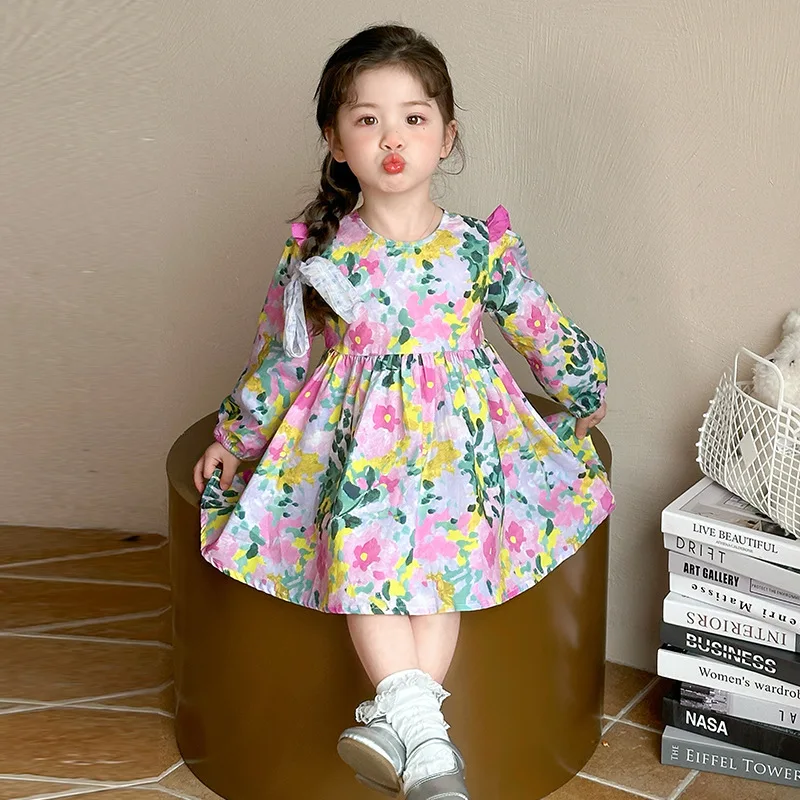 

Girls' Floral Dress Spring and Autumn Style Baby Girl Fashionable Casual Dress Spring Outfit Little Girl Flutter Sleeve Princess