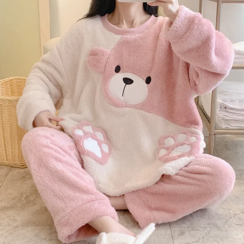 

5XL Large Size Cartoon Pajamas Women Winter Flannel Warm Two-piece Set Korean Sweet Sleepwear Loungewear Can Be Worn Outside