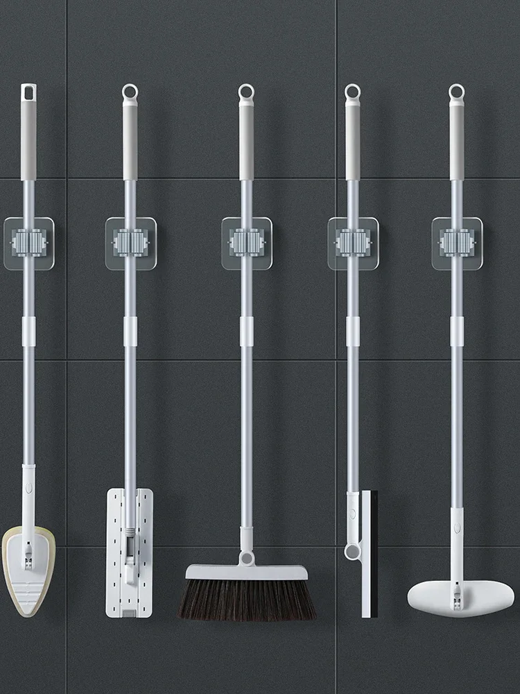 Mop Storage Storage Rack Bathroom Suction Hanging Pipe Traceless Mop Clip Broom Hanger Wall-Mounted Waterproof Mop Rack