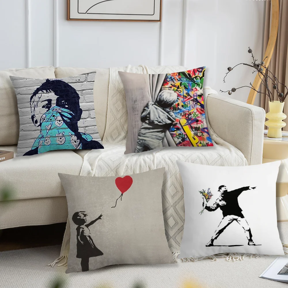 Housse de coussin Banksy Street Graffiti Art, pour oreiller, impression, décoration de canapé, maison, voiture, café, bureau, simplicité nordique