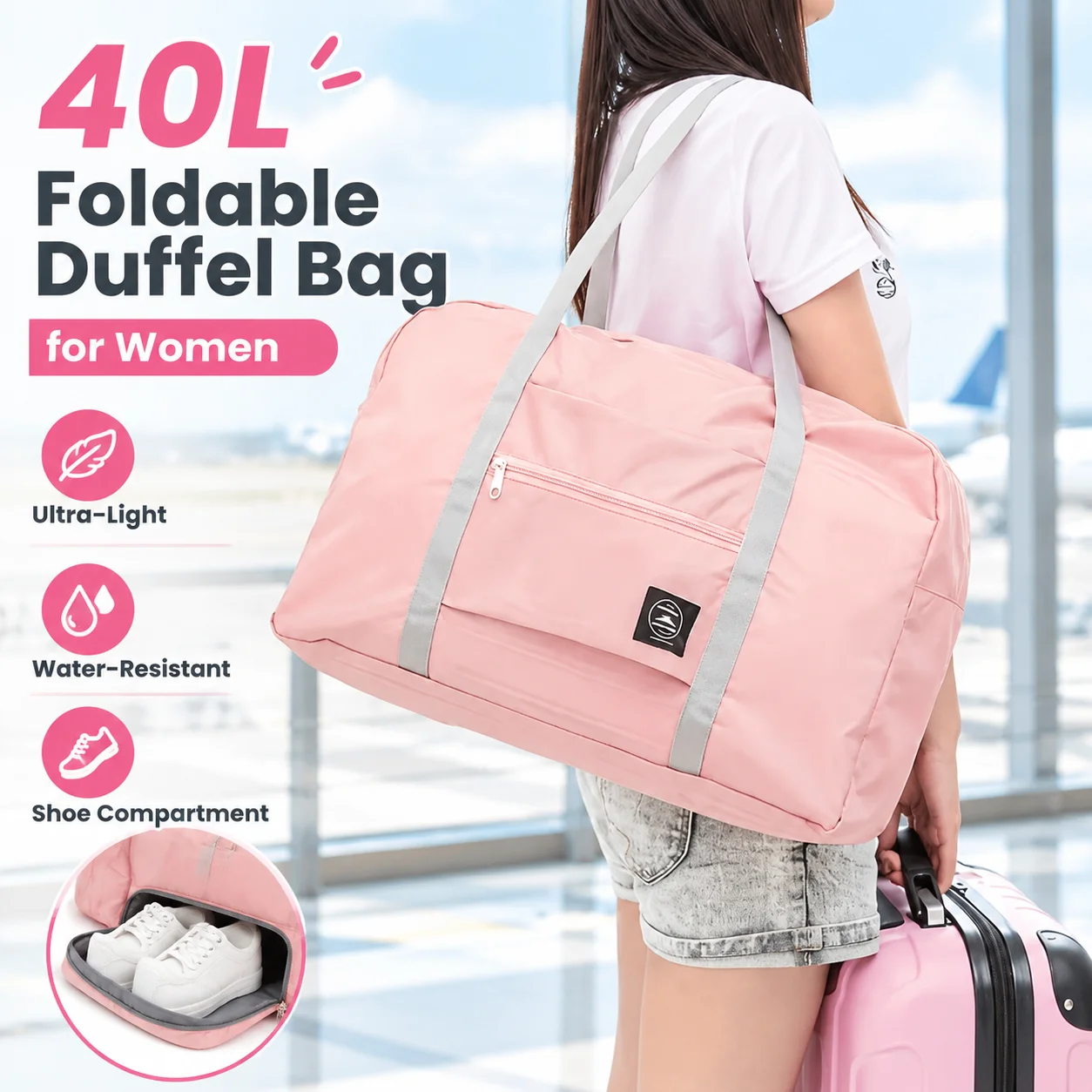 40L Foldable Carry-On Duffel Bag for Women, Ultra-Light Water-Resistant Flight Bag with Shoe Compartment