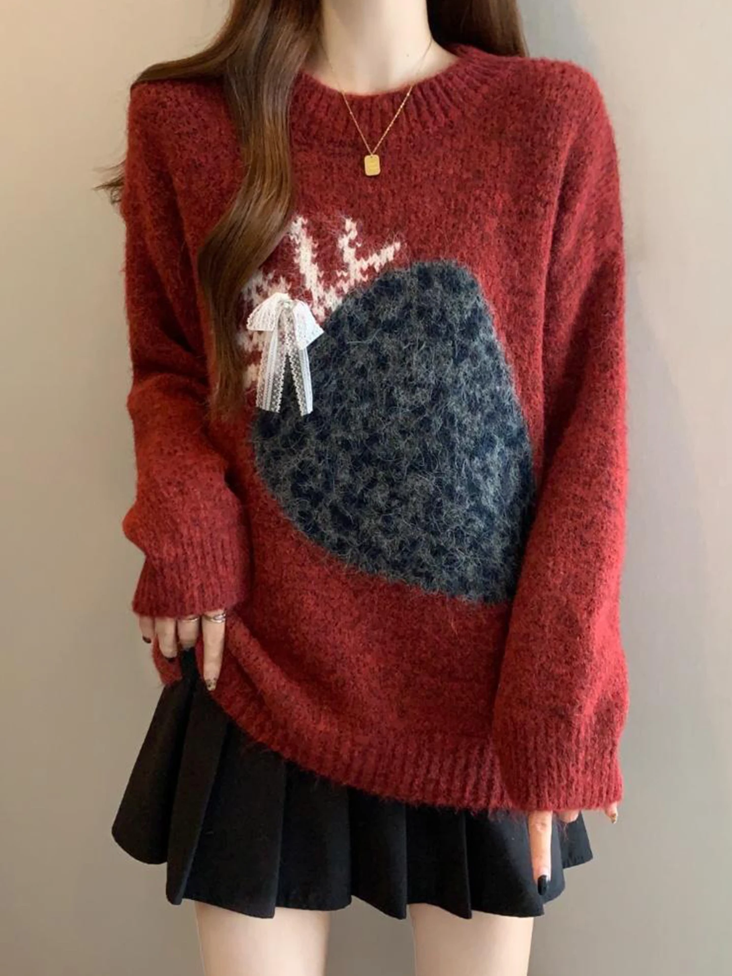 

Красный винтажный свитер с леопардовым принтом и клубничным узором, утепленный, вязаный, женский, осенне-зимний, свободный, больших размеров, пуловер