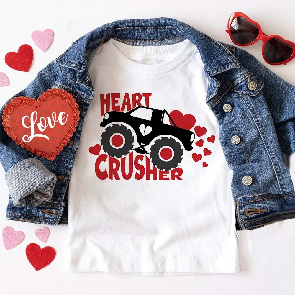 Heart Crusher Printed Kids Shirt Valentine Part Child Outfit Tops Boys Girls Short Sleeve Clothes Funny Holiday Children T-shirt