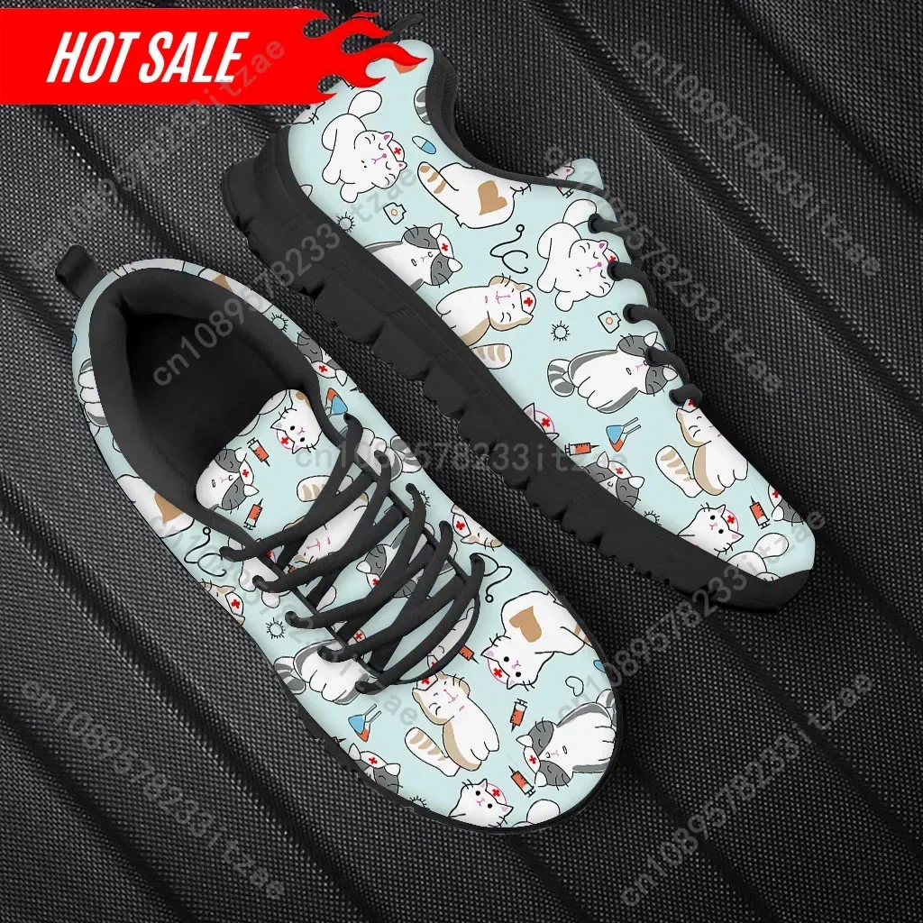 Women Nurse Sneakers Cartoon Cat Veterinary Print Lightweight Mesh Flats Ladies Casual Winter Cute Nursing Shoes New