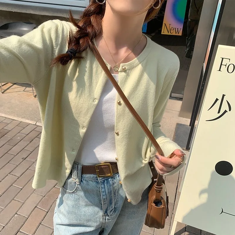 Spring Autumn Basic Solid Thin Button Front Sweater Cardigans Woman White Beige Yellow Black Gray Green Knit Outwear Coat Fall