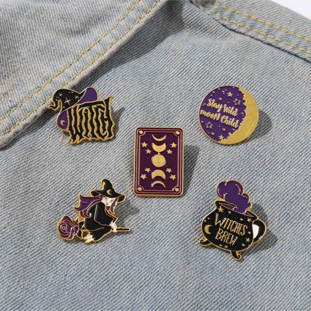 Witch Enamel Pin Witchcraft Brooch Tarot Cards Moon Phase Witches Hat Metal Badges Bag Clothes Pins Up Holloween Jewelry