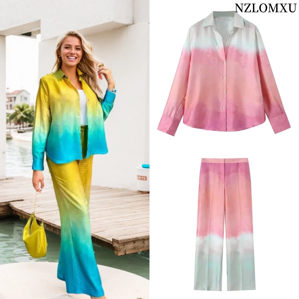 

Новинка осени 2024, женская модная Повседневная рубашка с длинным рукавом и принтом тай-дай, брюки с высокой талией