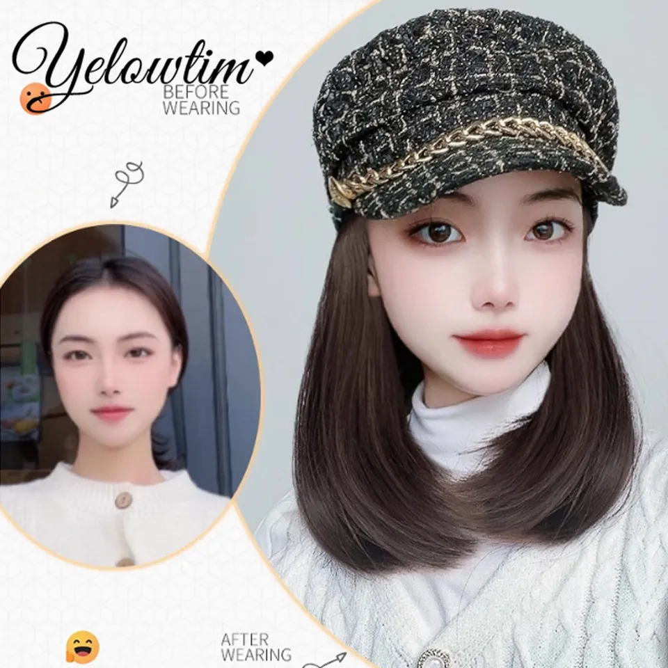 YELOWTIM Long Hair Hat Wig Integrated Detachable Long Straight Hair Beret Autumn And Winter Octagonal Hat Synthetic Wig Women