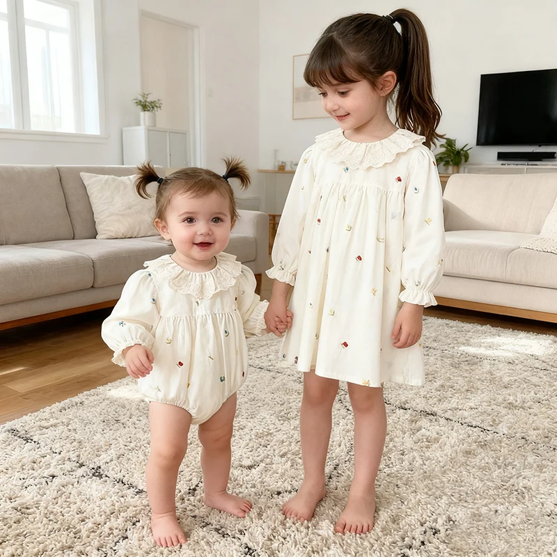 2023 neue Herbst Baby Mädchen Print Revers Kleid Frühling Baumwolle Lange Ärmeln Geburtstag Strampler Baby Mädchen Schwestern Kinder Party Kleidung
