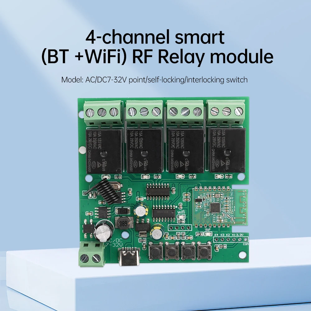 

AC/DC7-32V/Type-C5V 4-стороннее приложение WiFi модуль релейного переключателя дистанционного управления Поддержка пульта дистанционного управления 433 МГц Wi-Fi 2,4 ГГц б/g/n Bluetooth