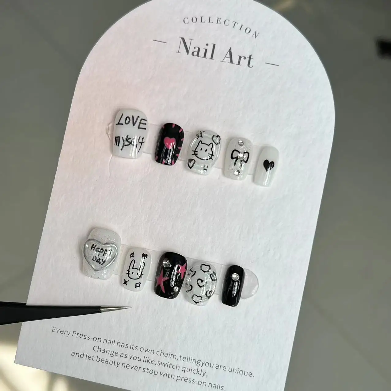 

10PCS Handmade Harajuku Nails Black White Cats Painting Press on Nails 3D Design Mixed Square Shape Y2K False Nails Removable 네일