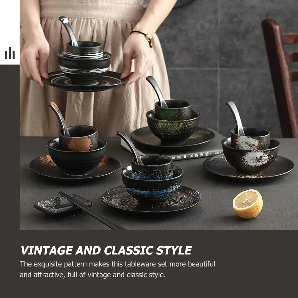 

1 Set Japanese Style Ceramic Tableware Bowl Tea Cup Spoon Vintage Pattern Dining Accessory Restaurant Home Use