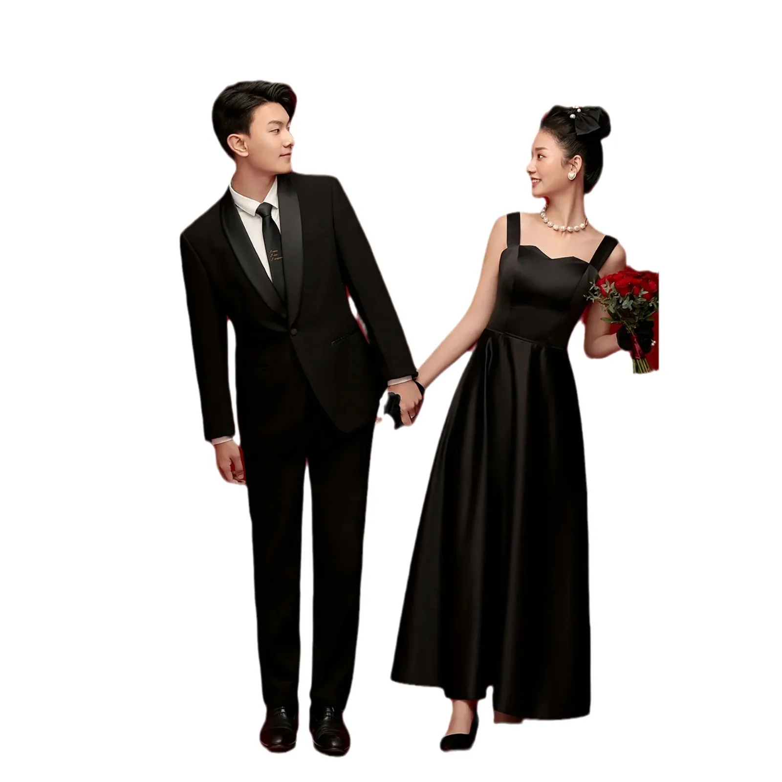 블랙 새틴 라이트 캐미솔 웨딩 원피스, 중간 길이 스튜디오 테마 커플, 저녁 사진 촬영, 고급 감각, 한국 스타일