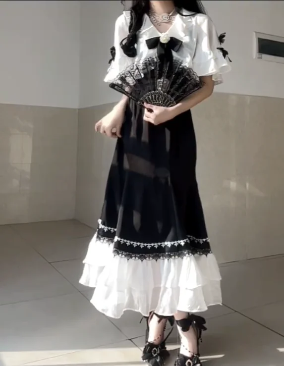 Fishtail saia com xale, branco, preto, xale