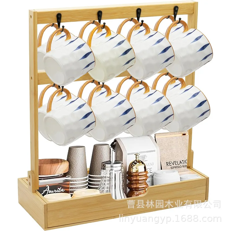 

Suitable for Wooden mug storage holder Coffee cup holder Wooden country water cup holder 2 layers Double-sided hook Coffee cup h
