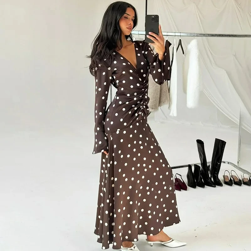 Ticketsx Elegant Polka Dot Long Dress Women's Fashion V-Neck Contrast Ruched Patchwork Slim Dress Vintage Party Vacation Dresses