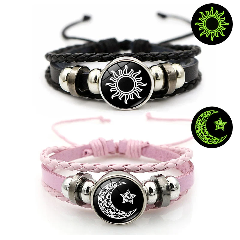 New··2Pcs Luminous Couple Bracelets Sun Moon Adjustable Black Braided Bracelet Friendship Romantic Jewelry Birthday Gifts