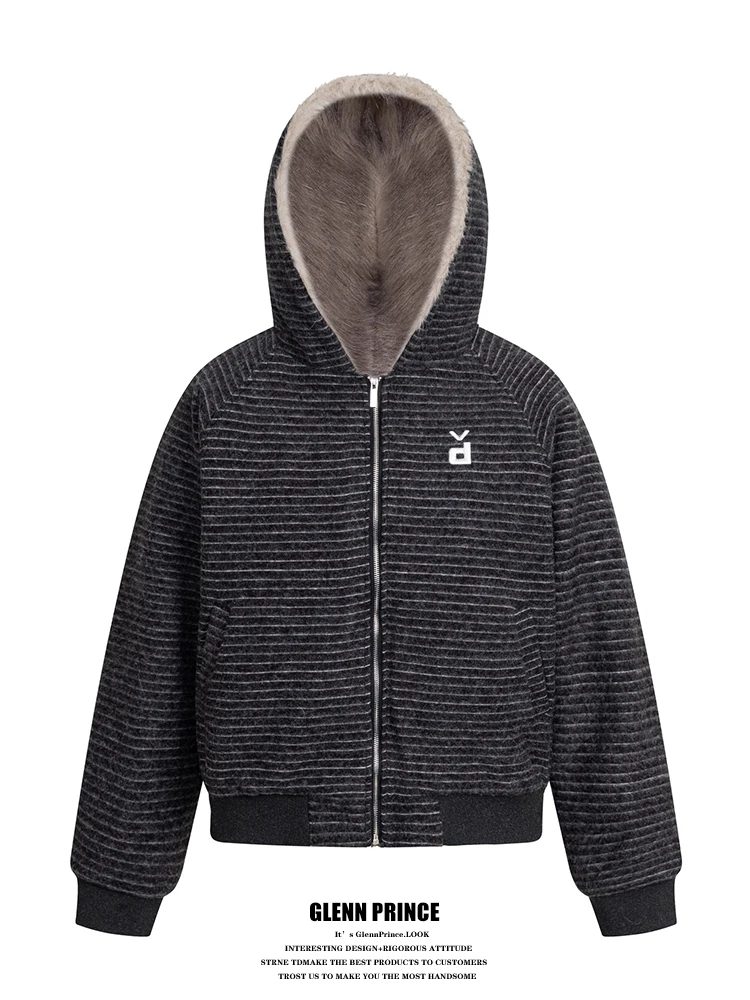 

Мужской хлопковый кардиган GPstudio в японском стиле с полосатой вышивкой, меховым воротником, свободного кроя, теплый, с капюшоном