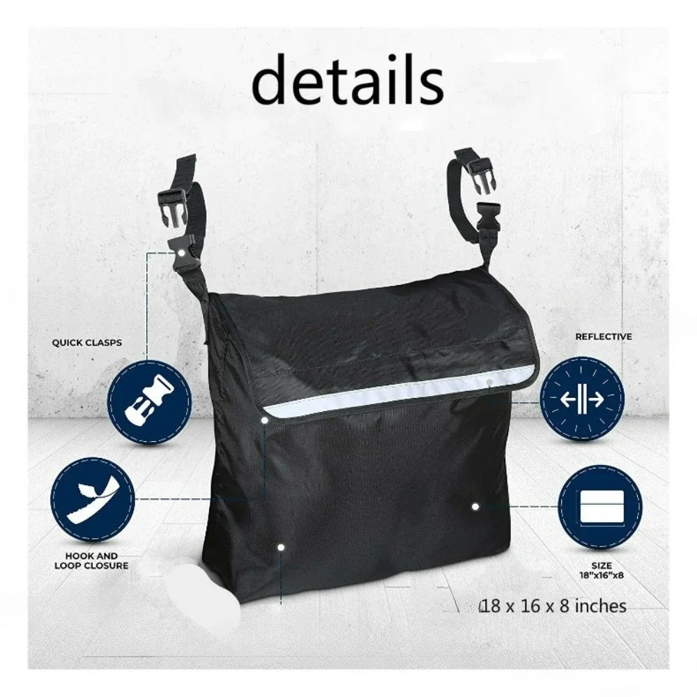 Wheelchair Back Storage Bag, Waterproof Organizer with Reflective Strip, Quick Buckle, Hook-and-Loop Closure&Inner Zipper Pocket