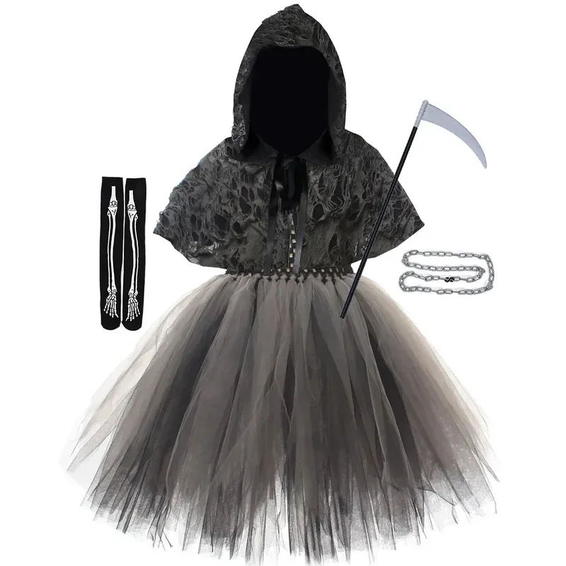 

Anime Kids Girl Grim Reaper Cosplay Halloween Black Dress Hoodie Cape Skull Printed Children Costume
