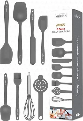 Heat Resistant Fireproof Non-stick Silicone Spatula Set 8 Piece Grey