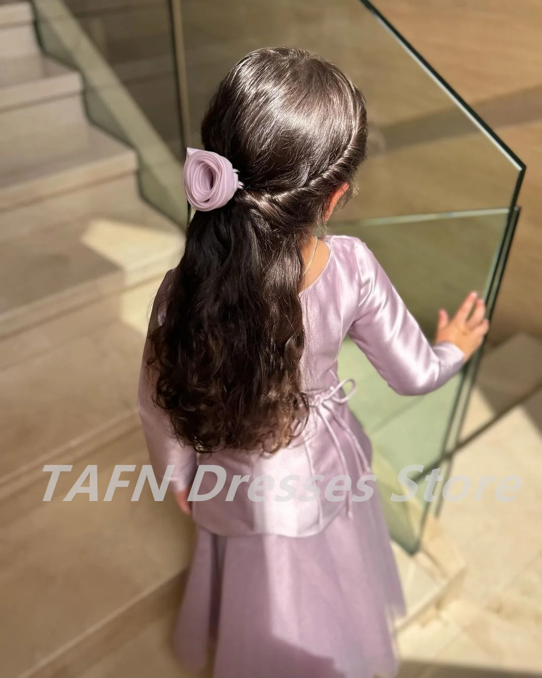 TAFN A-line Girl Evening Dresses O-Neck Full Sleeves Pink Draped vestidos para niñas Pleat Rose Children Party Gown Customized