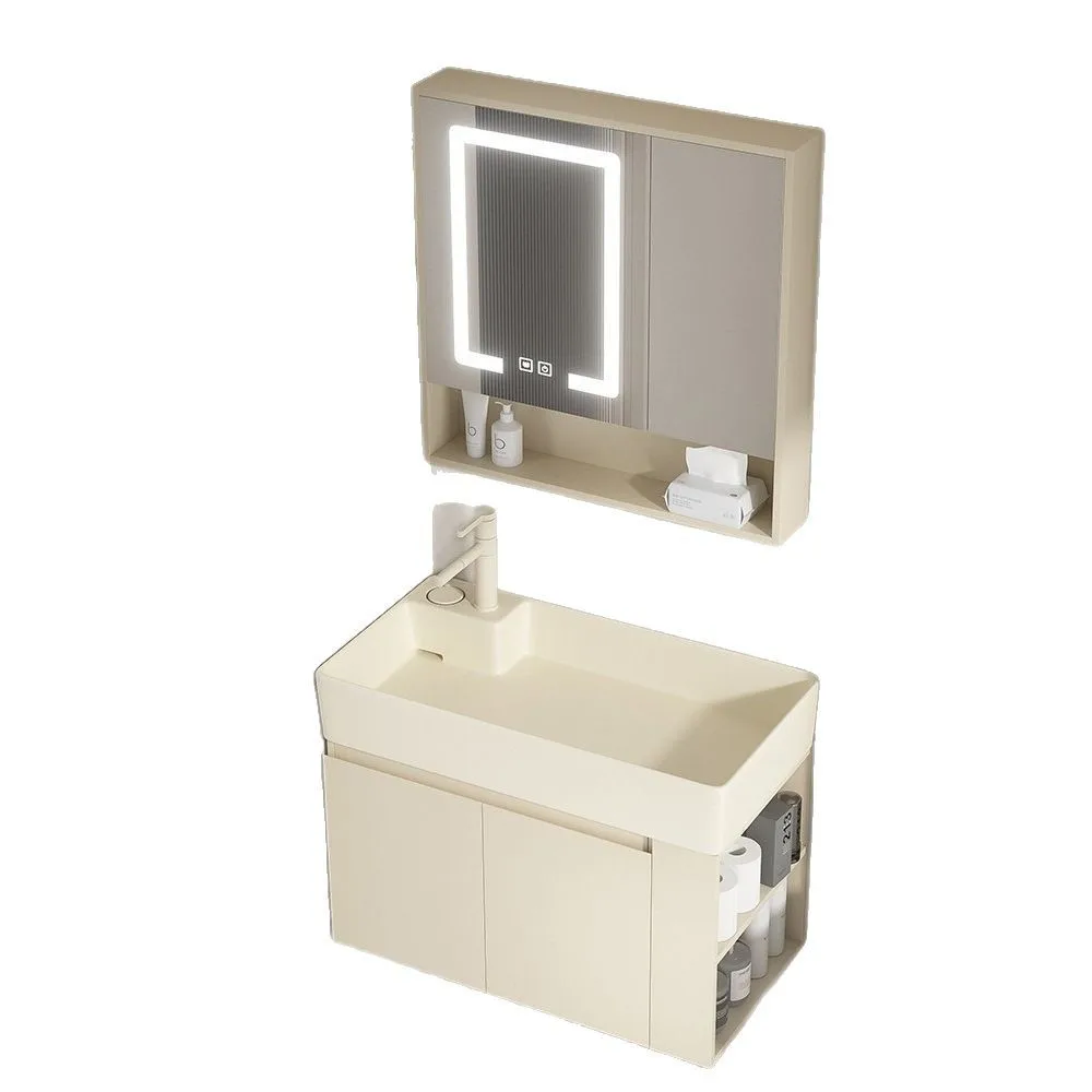 

Cream small apartment, multi-layer solid wood bathroom cabinet wall-mounted, bathroom bathroom hidden sewer