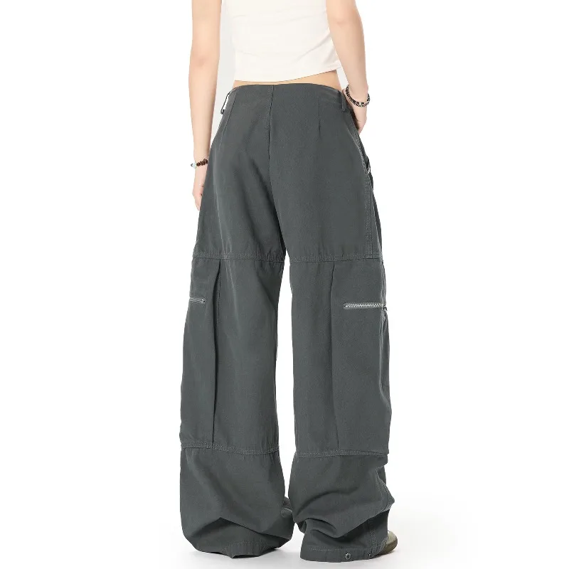 OR FL American High Street Multiple Pockets Fold 100 Cotton Women Cargo Trousers Trendy Brand Wide Leg Floor-length Trousers Y2k