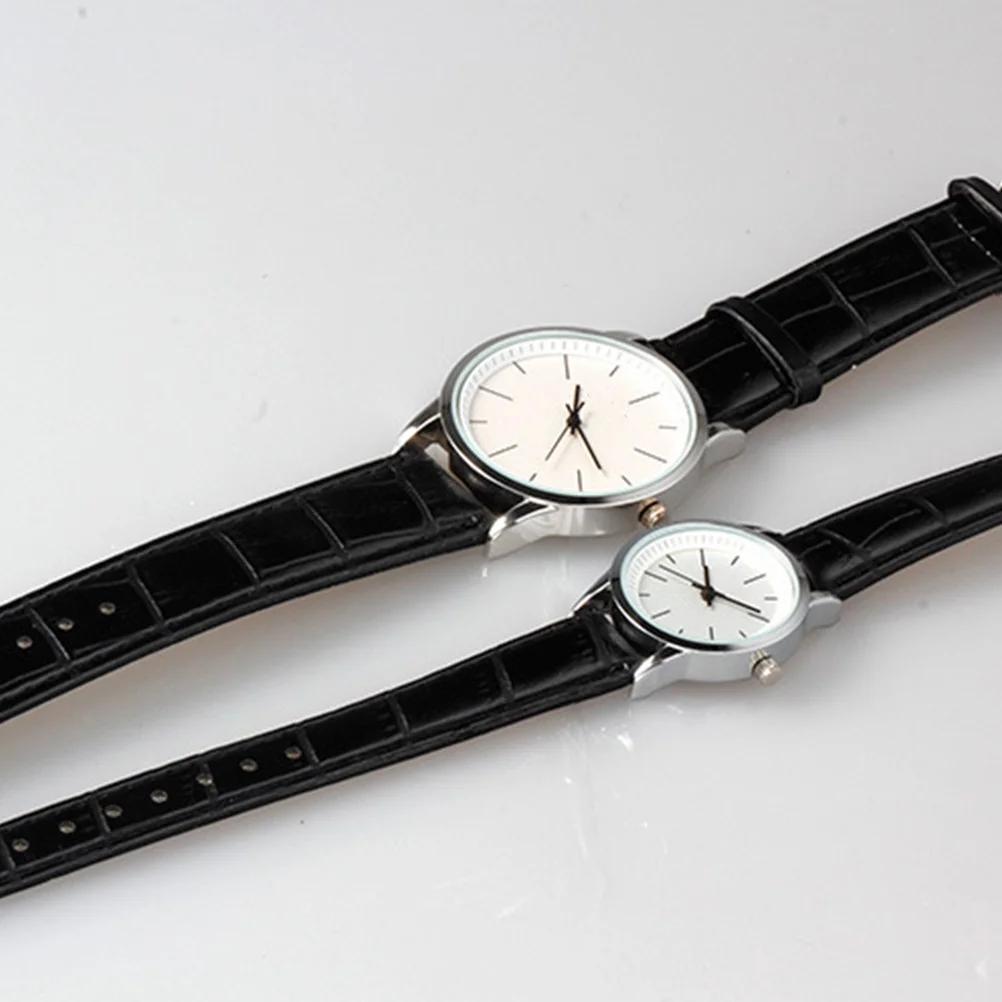 2Pcs Couple Watches Strap Fashion Quartz Wrist Watches Black Band White Dial Precise Movement Adjustable PU Band
