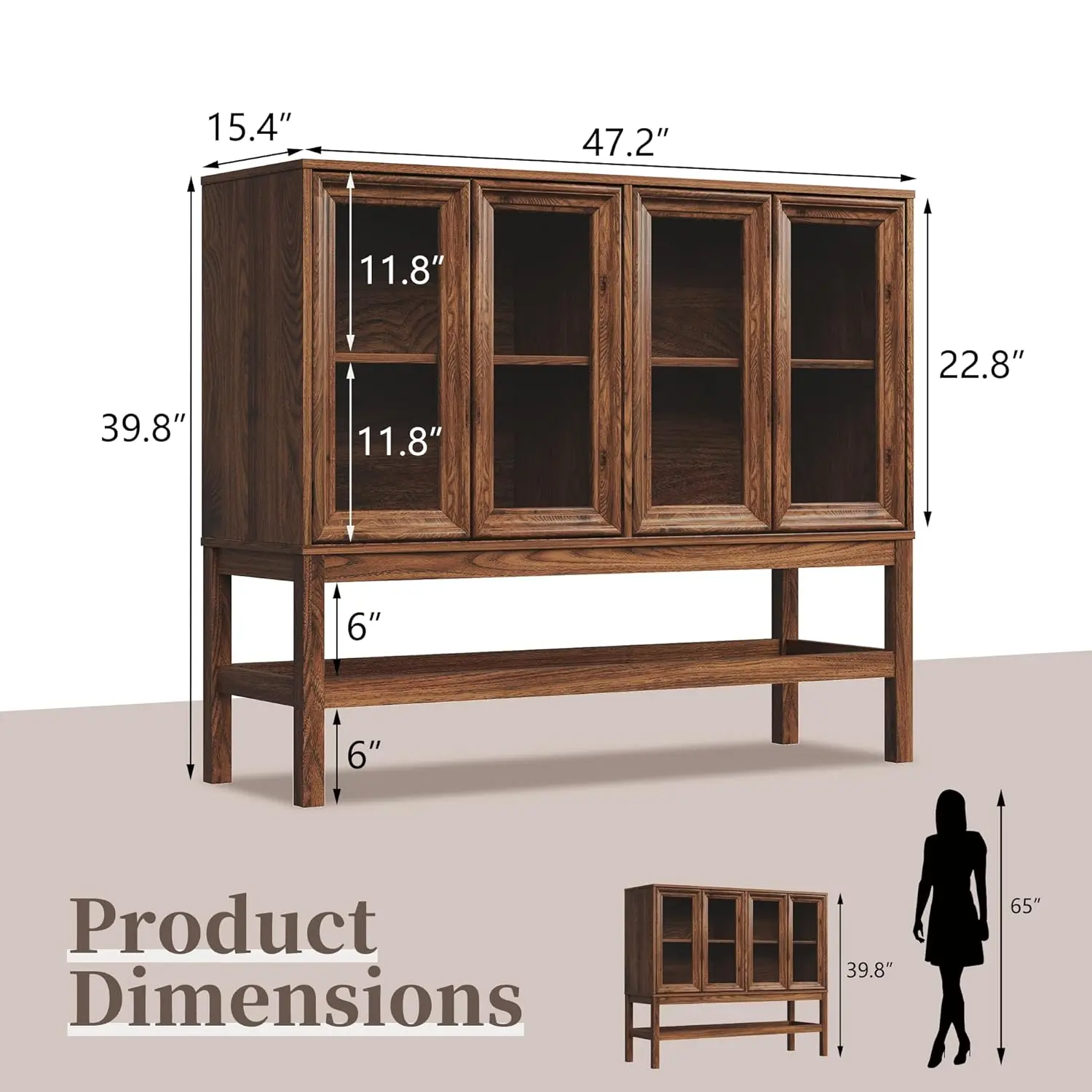 Sideboard Buffet Cabinet with Storage, Small Kitchen Coffee Wine Bar Cabinet with Glass Press-to-Open Doors, Wood, Customized