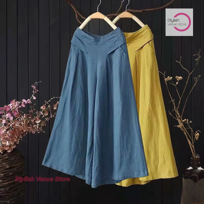 

French retro cotton and linen wide-leg pants women's summer thin loose slim cotton skirt pants Joker casual high waist pants.