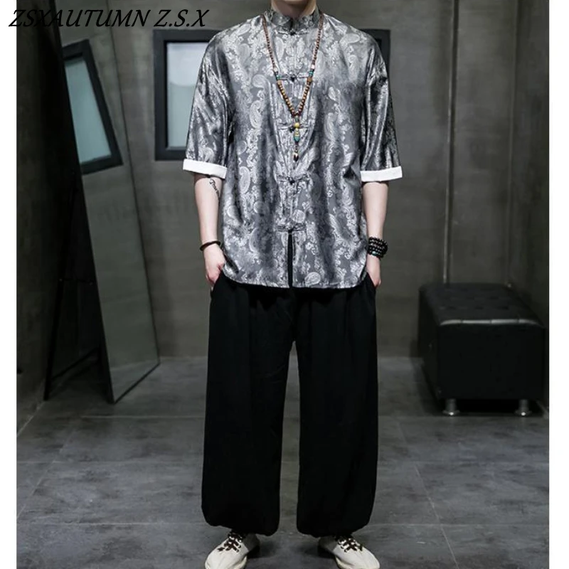 Summer Ice Silk Short-sleeved Shirt for Men Chinese Style Tang Suit Dragon Robe Youth Retro Men\'s Shirt Large Size Casual Tops