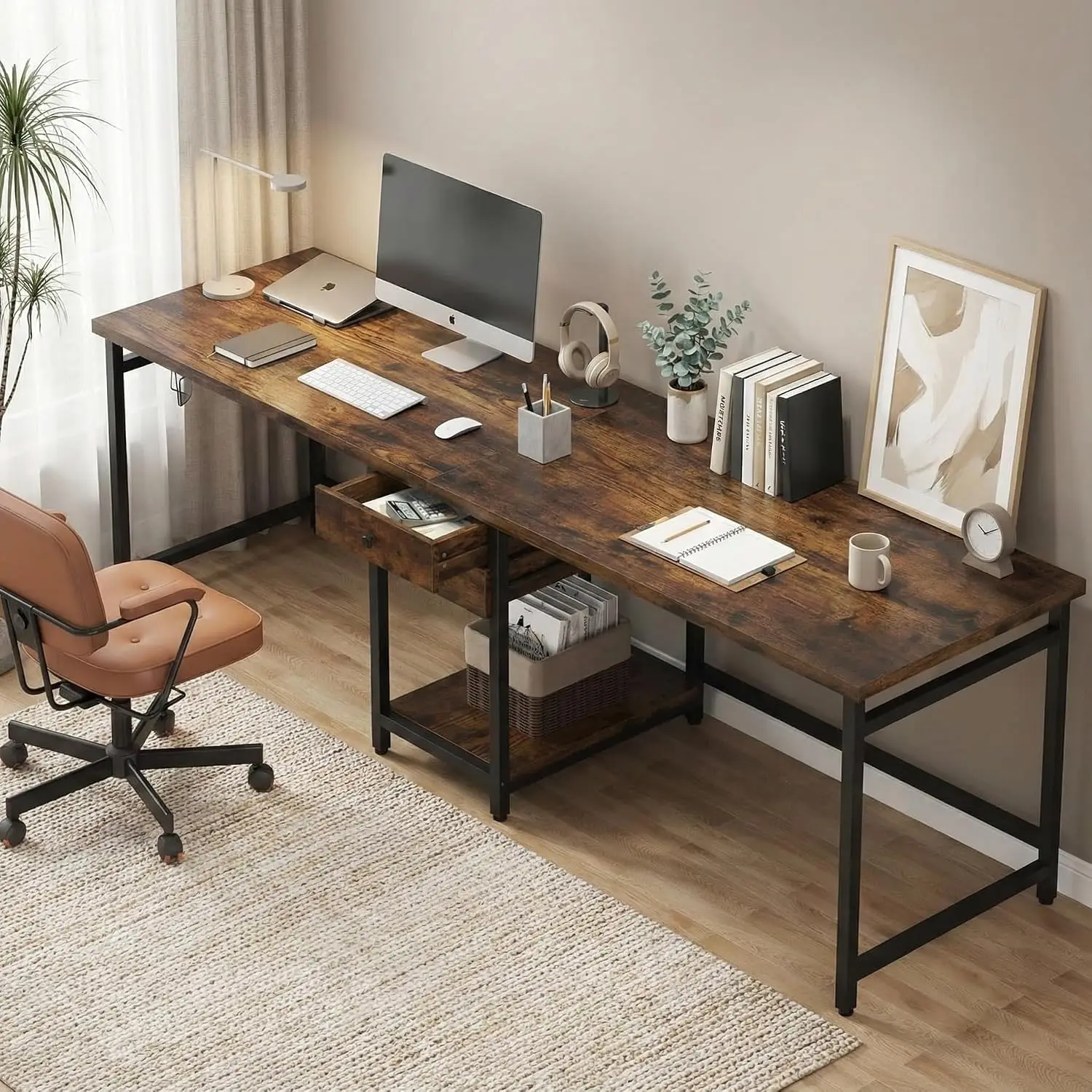 79 Inch Two Person Computer Desk with Drawers Storage, Long Office Writing Work Gaming Table, 79x24x30 Inch, Brown, Customized