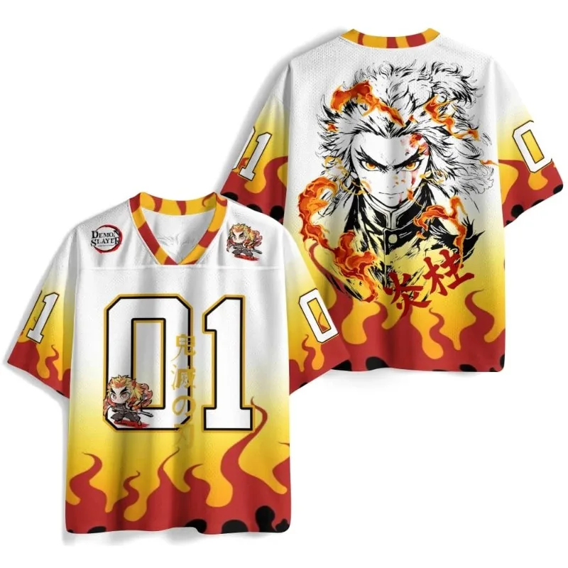 2026 New Demon Slayer: Kimetsu No Yaiba Kyojuro Rengoku Flame Gradient Jersey, Mesh Breathable, Unisex Children's Sports T-Shirt