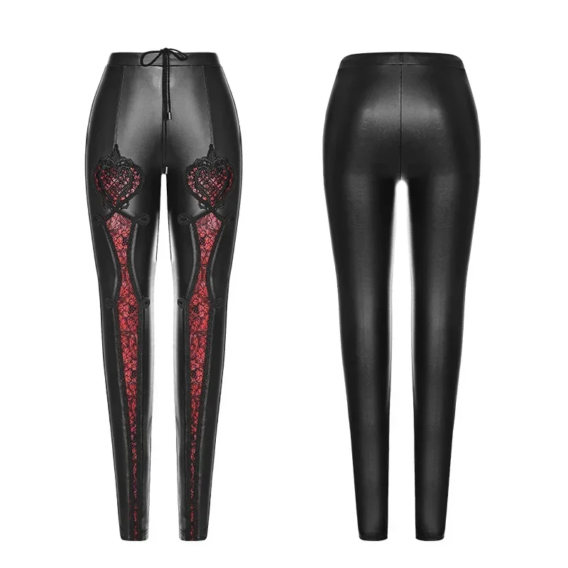 PUNK RAVE Gothic Elastischer Bund Blumen Stickerei Leder Leggings Vintage Geprägte Mesh Spitze Club Party Sexy Frauen Hosen