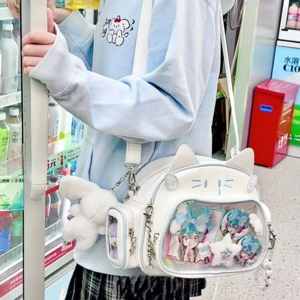 Y2K koreański Kawaii Cat Lolita torba śliczna torba na ramię z PU dziewczyny przezroczysta kieszeń Harajuku torba typu crossbody modne damskie plecaki
