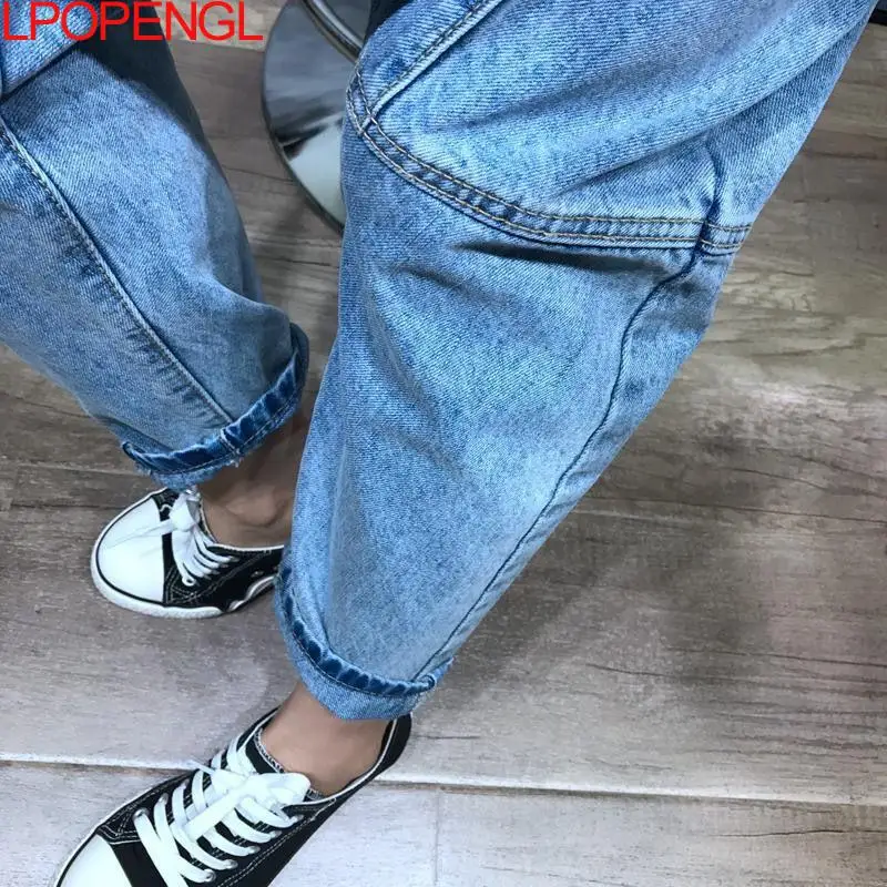 المرأة عالية الخصر شيك تسع نقاط الحريم الأزرق الجينز الهيب هوب الشارع عبر السراويل كامل طول الملابس صديقها غسلها السراويل