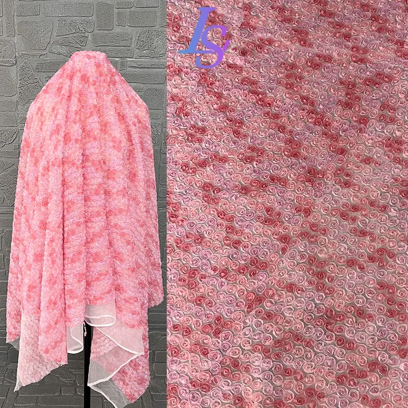 Little Rose 3D Flower Mesh Fabric Gradient ricamato scialle Dress Stage Costume Designer Fabric