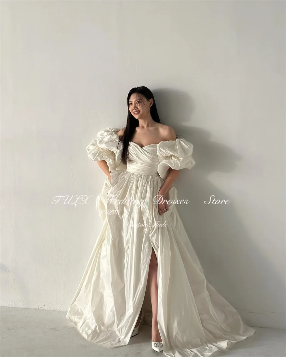 تولكس الأميرة ألف خط فستان الزفاف التفتا كوريا صورة تبادل لاطلاق النار الخامس الرقبة نفخة الأكمام الطابق طول زي العرائس مشد مخصص