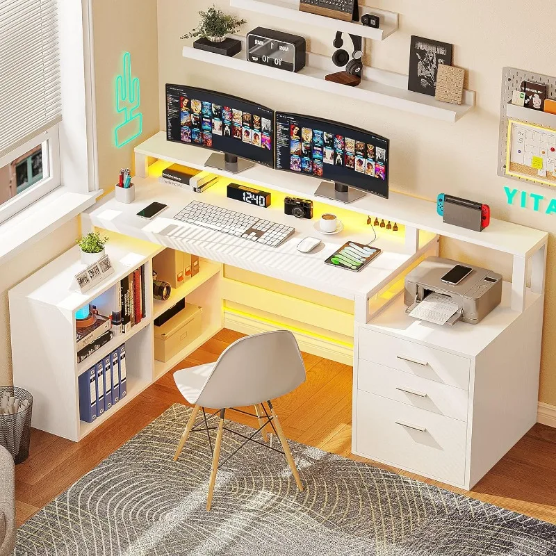 Desk with 3 drawers, corner computer desk with power outlet and LED lights, L-shaped desk with filing cabinet and printer stand