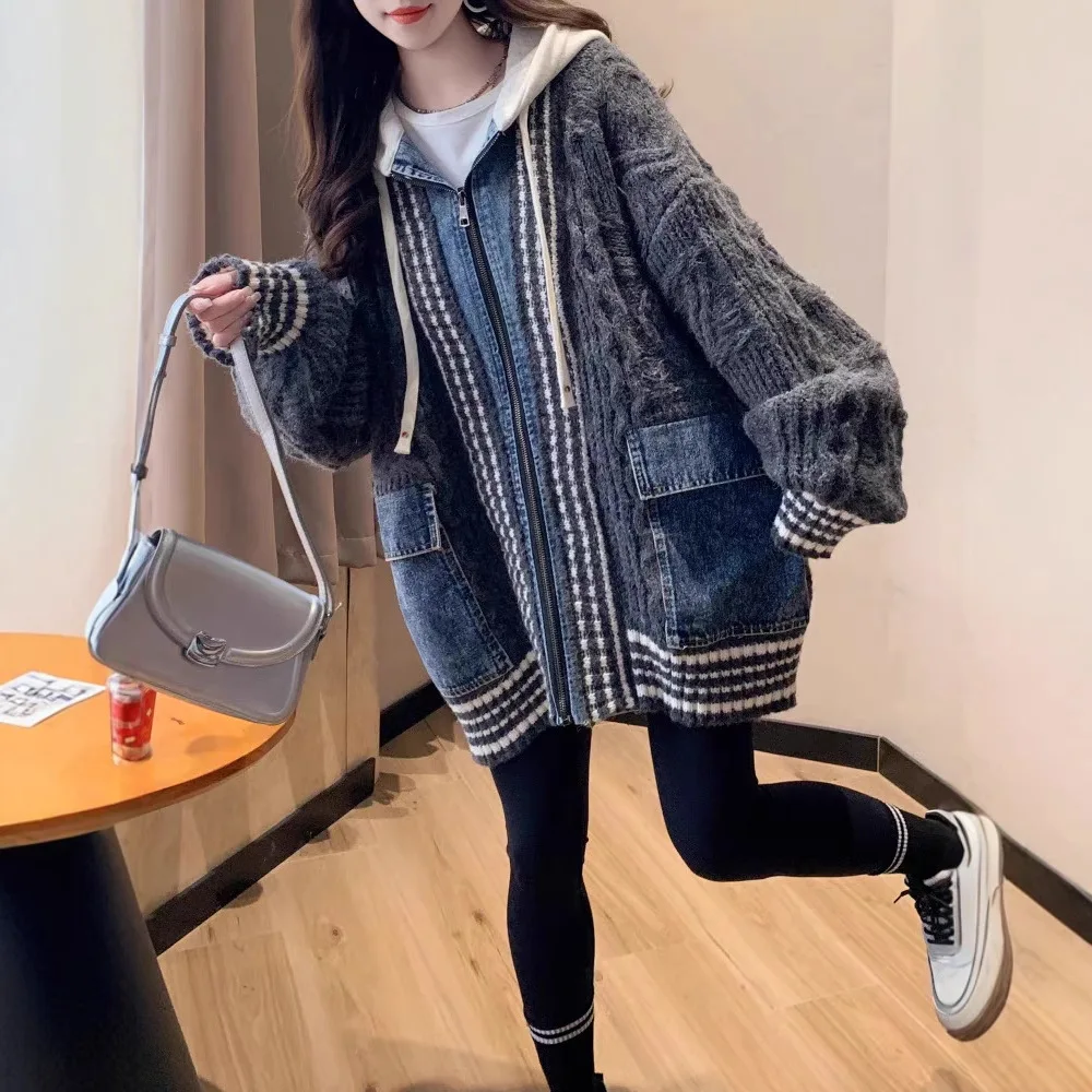 Cardigan feminino com capuz casacos de malha com zíper manga cheia jumpers y2k streetwear elegante malha casual aberto stith outono inverno