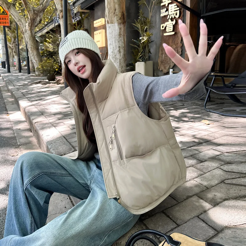 

Fashion Warm Sleeveless Coat Ladies Winter 2025 New Stand Collar Down Cotton Vest Jacket Women Parkas Short Waistcoat Overwear