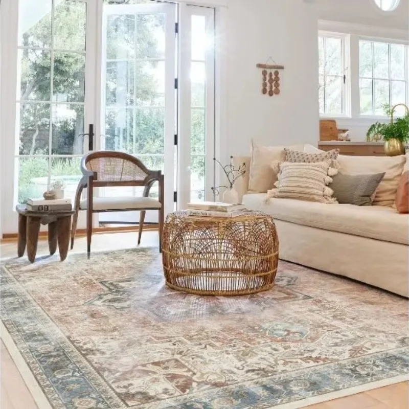 Vintage Distressed Floral Flannel Rug for Living Room Bedroom Home Decor Floor Mat Antique Worn Geometric Pattern for Room Decor