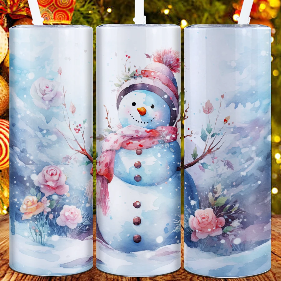 1Pc 20oz Party Water Tumbler Straw Lid 1Pc Stainless Steel Hot Cold Insulated Mugs 3D Print Snowman Christmas Family Party Decor