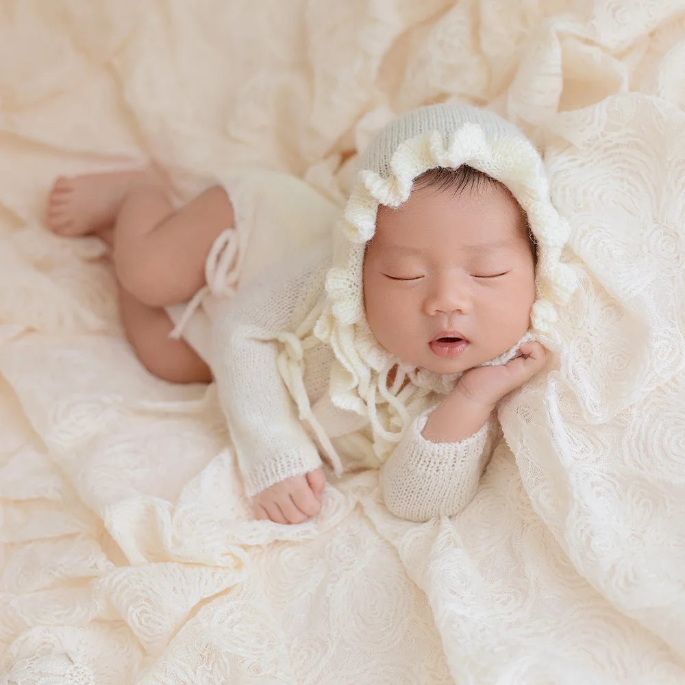 Body de malha de manga comprida para bebê, conjunto de chapéu enrolado de crochê, roupa para fotografia de recém-nascido, flor, fundo de renda, cobertor, adereços de estúdio