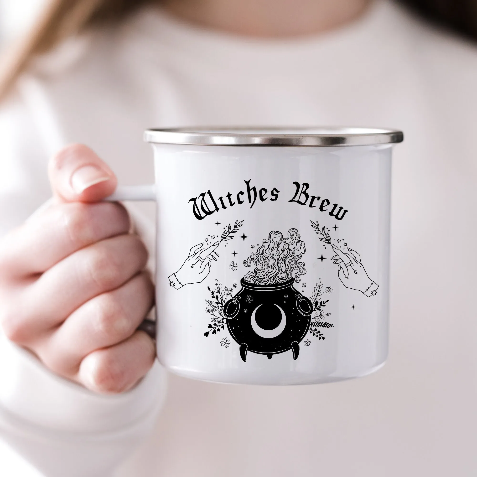 Witches Brew Enamel Mug, Halloween Camping Coffee Metal Mug, 12oz Campfire Mug friends birthday gift mug