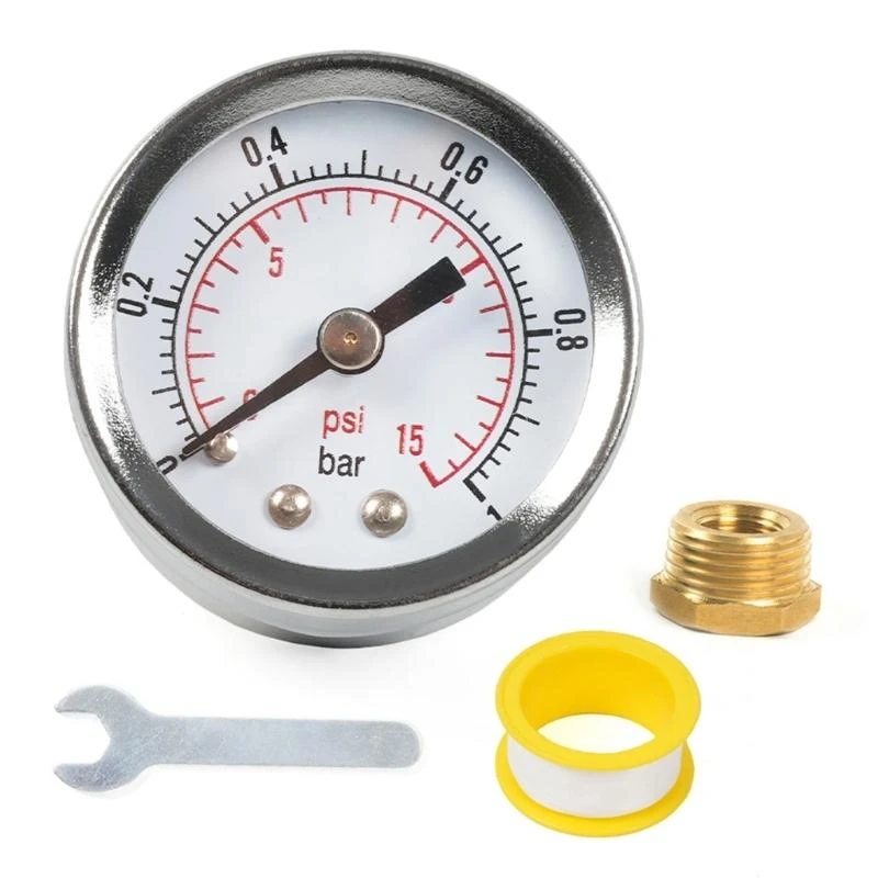 R9CC 1/8'' NPT Pressure Gauge Center Back Mount Universal 0-15PSI 0-1Bar Stainless Steel Pressure Gauge and Adaptor